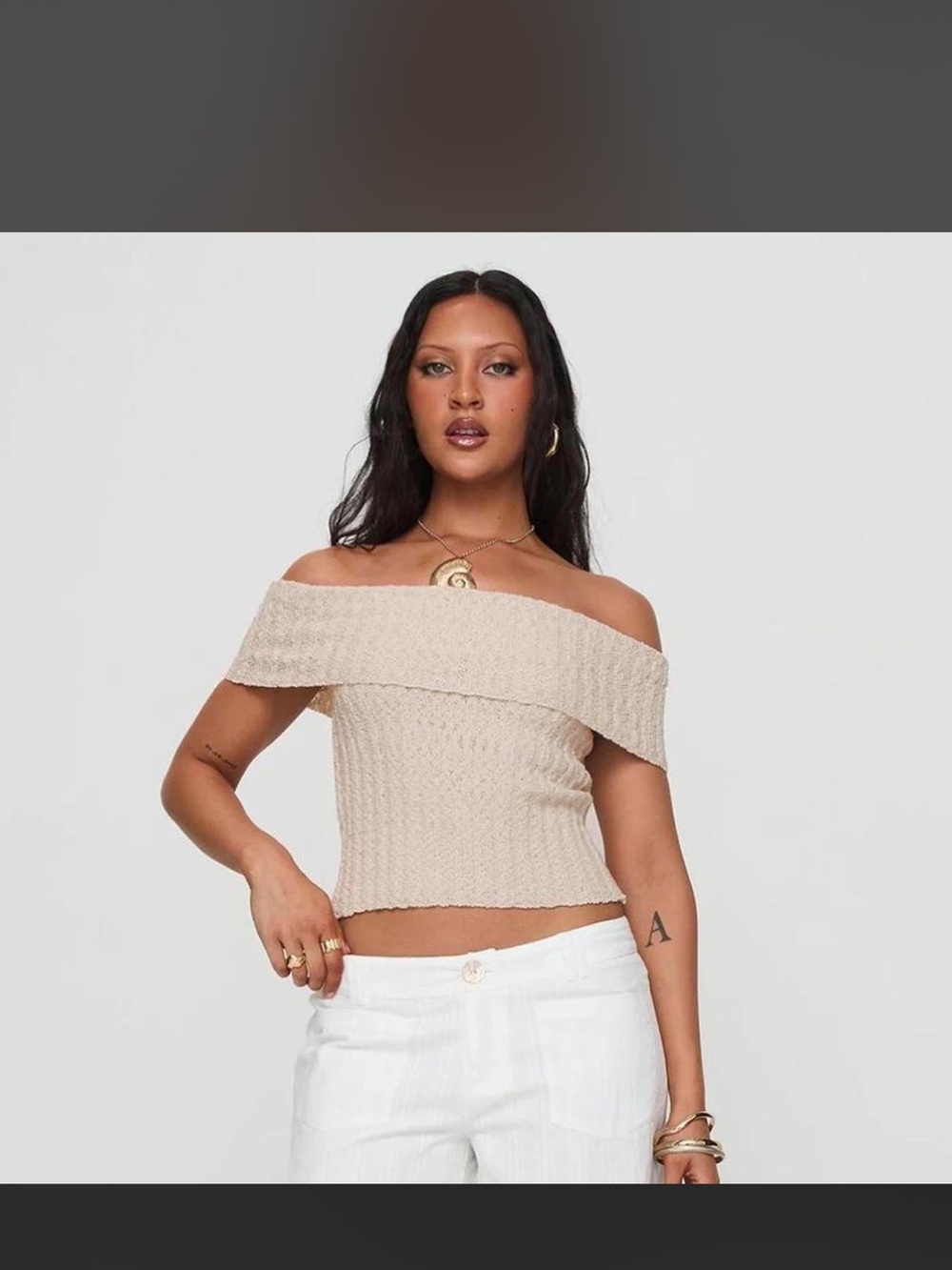 Murmur Off Shoulder Top Beige
